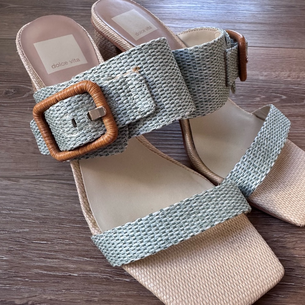 Dolce Vita Posy Mint Raffia Slip On Squared Toe Buckle Heels - Picture 8 of 8